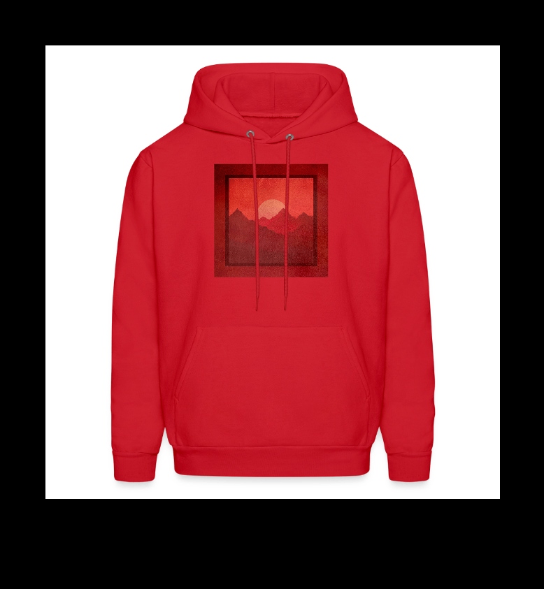 a red hoodie with an image of mountains