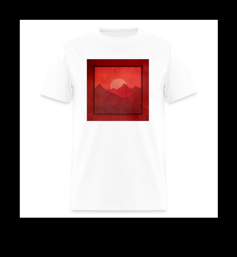 a white t - shirt with a red mountain in the background