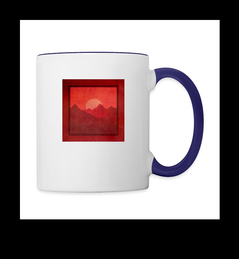 a coffee mug with a red mountain in the background