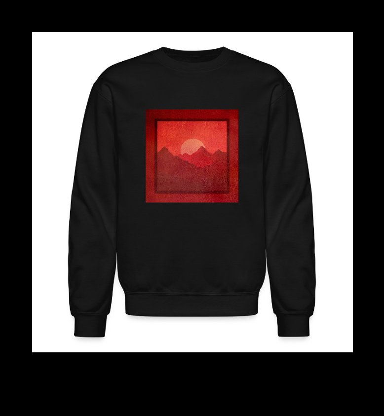 a black sweatshirt with a red mountain in the background