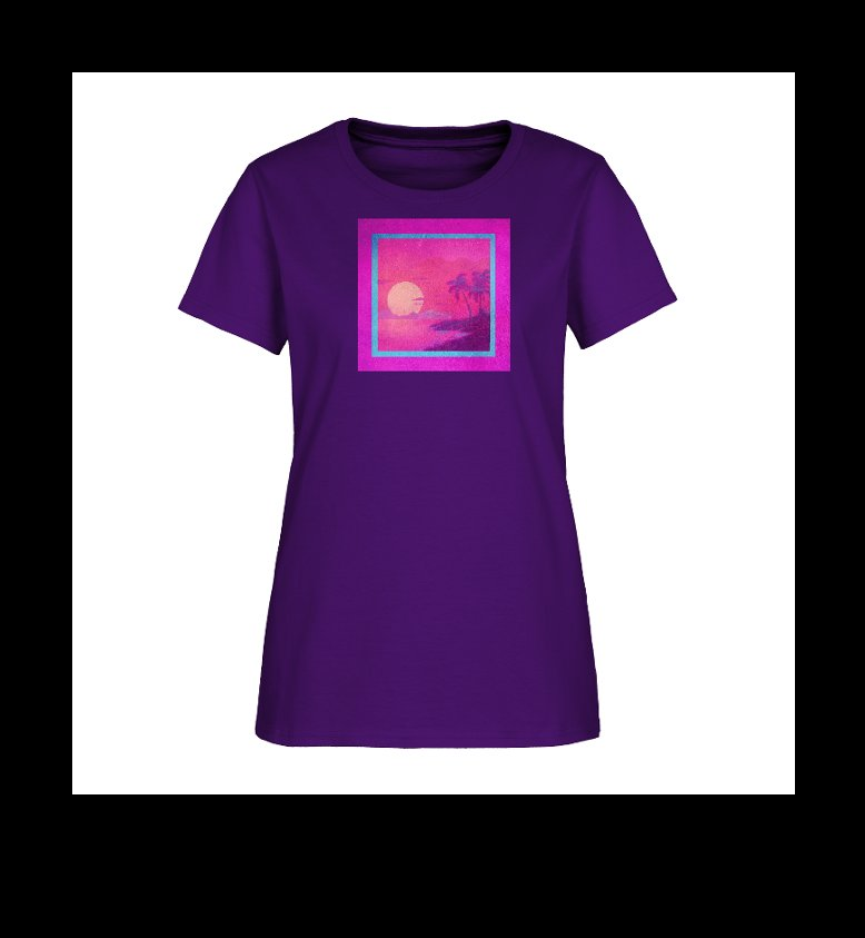 a women's purple t - shirt with an image of a sunset