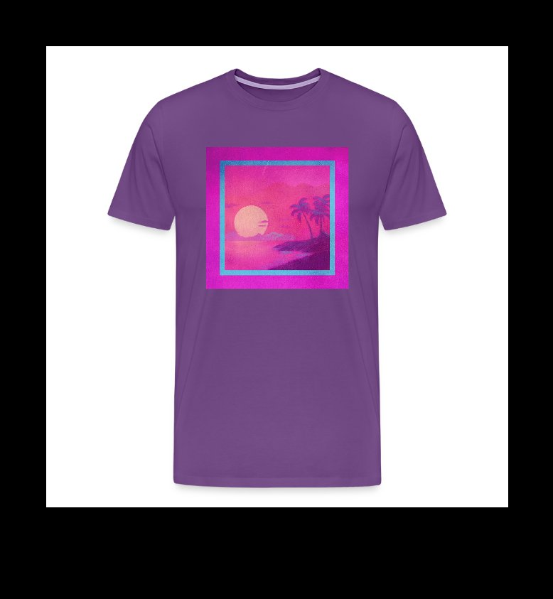 a purple t - shirt with an image of a sunset and palm trees