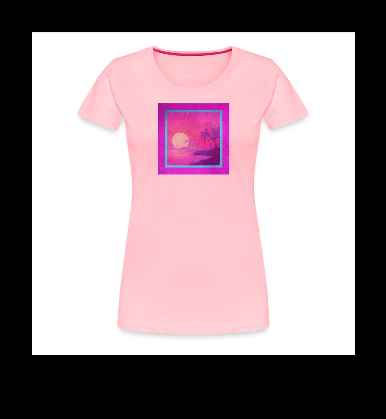 a women's pink t - shirt with an image of a sunset