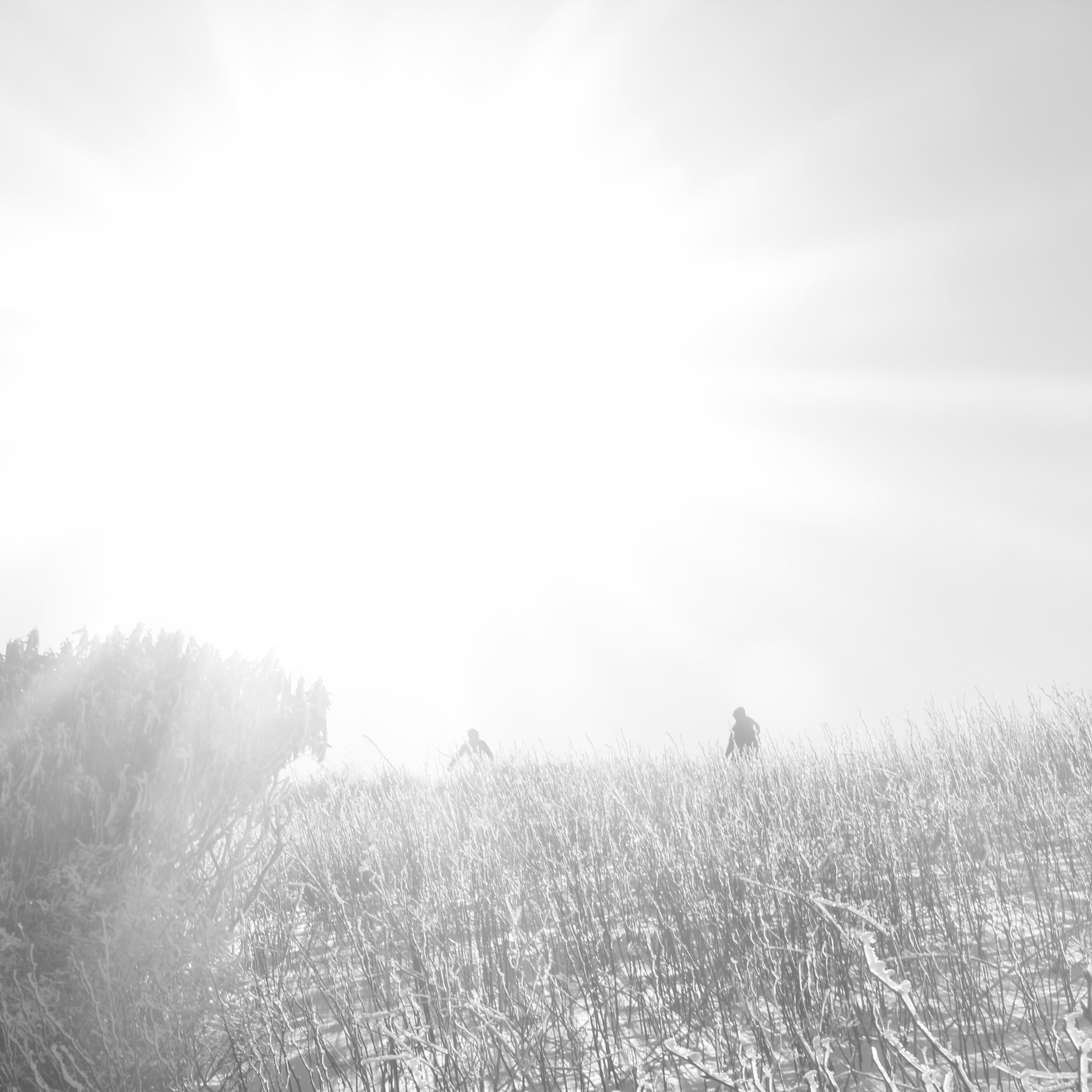 a black and white photo of two people on a snowy hill