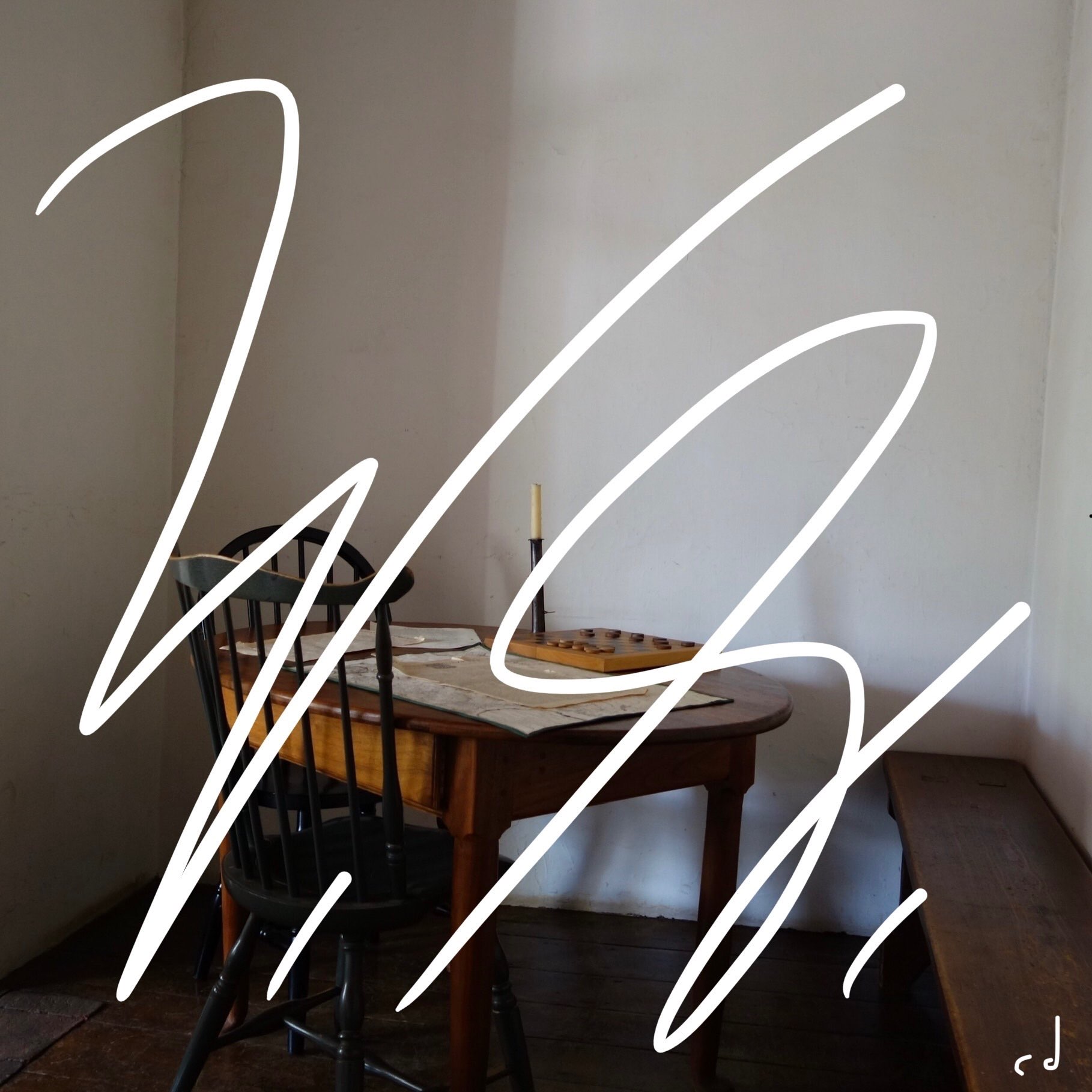 a drawing of a room with a table and chairs