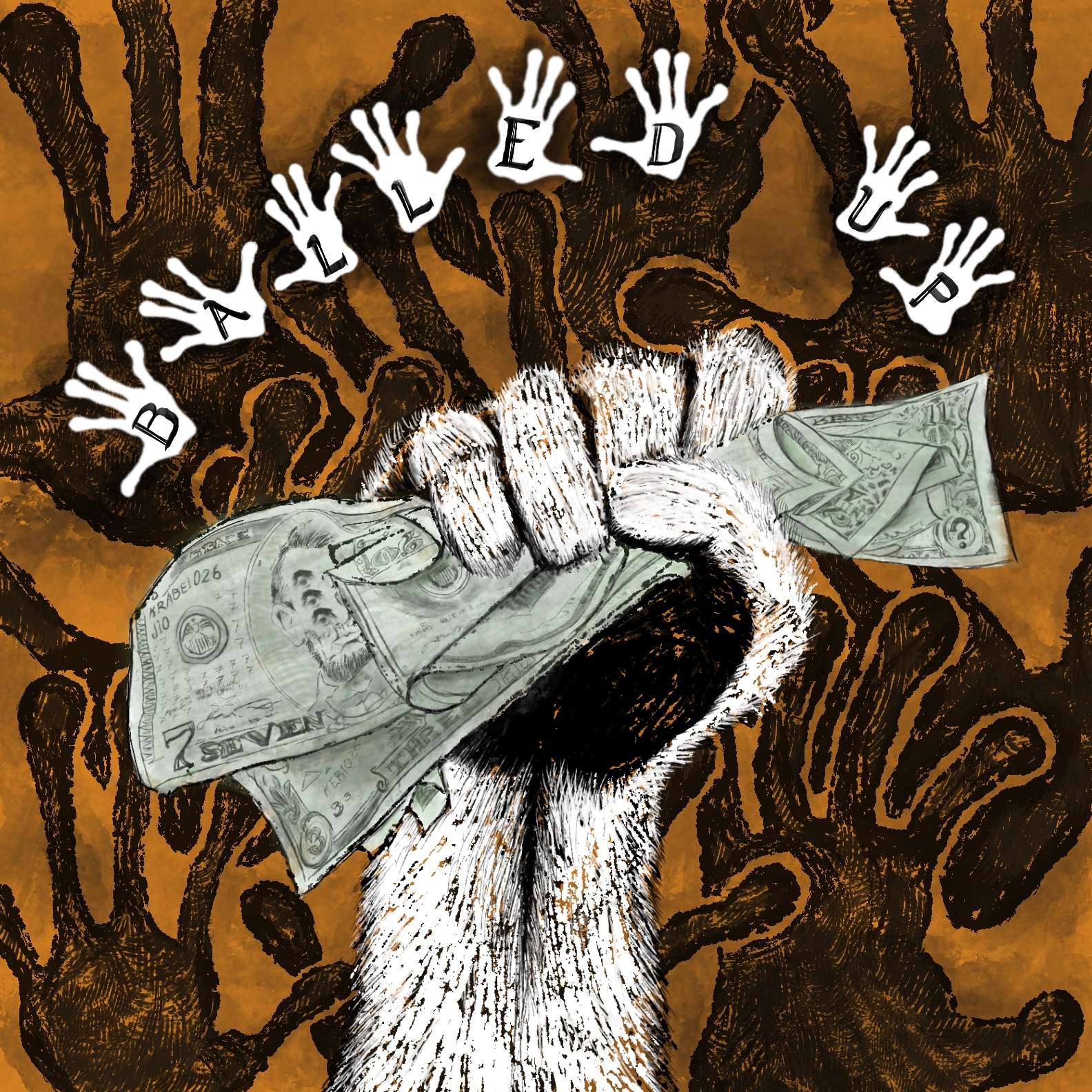 Degenerate Breakfast - Balled Up: an illustration of a hand holding money in front of a crowd of hands
