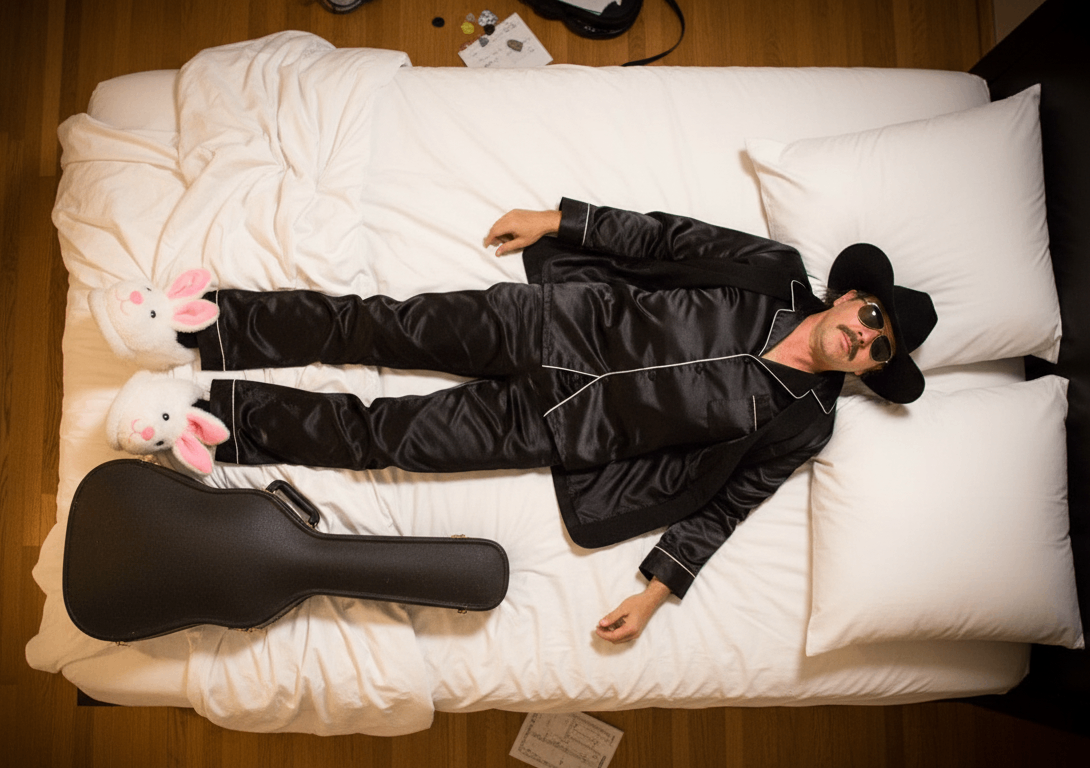 a man laying on a bed with an acoustic guitar