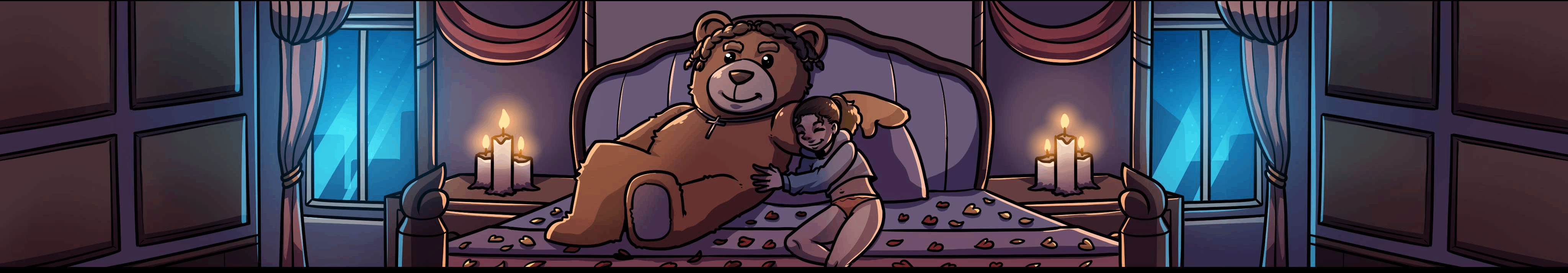 a cartoon image of a teddy bear sitting on a bed