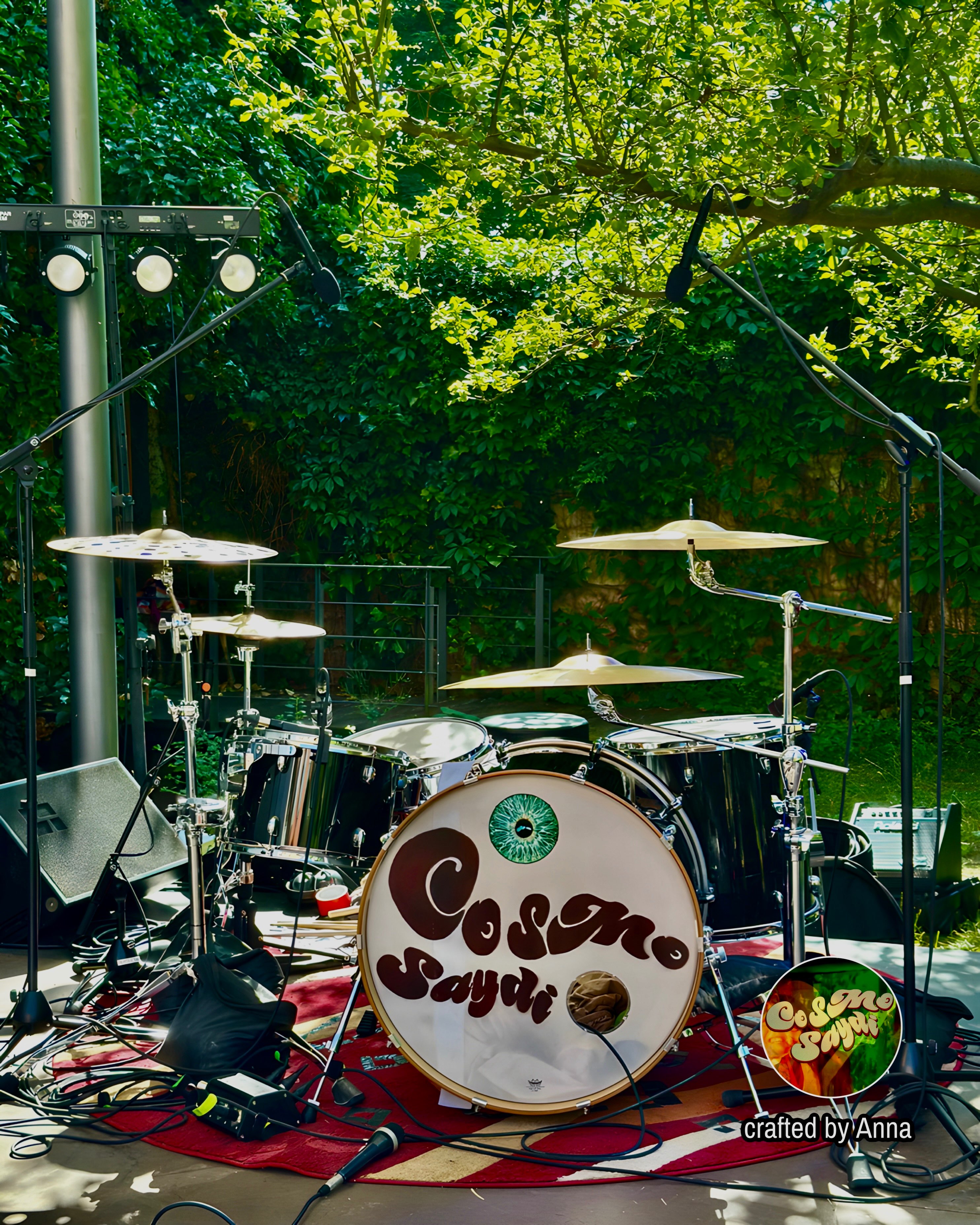 a drum set set up on a stage