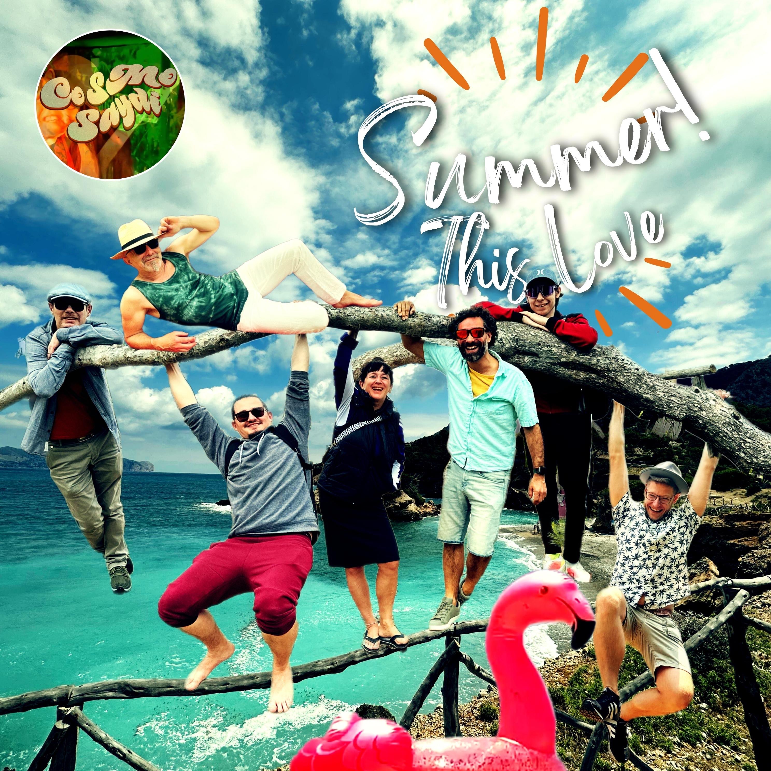 Cosmosaydi - Summer! This Love: a group of people posing on a branch with flamingos