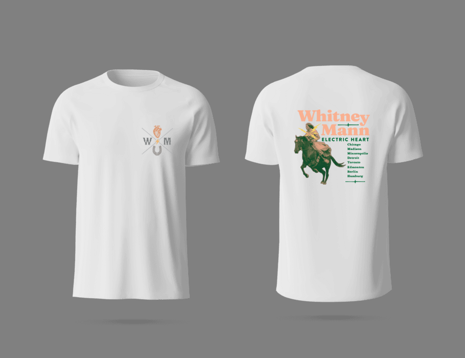 a white t - shirt with an image of a man riding a horse