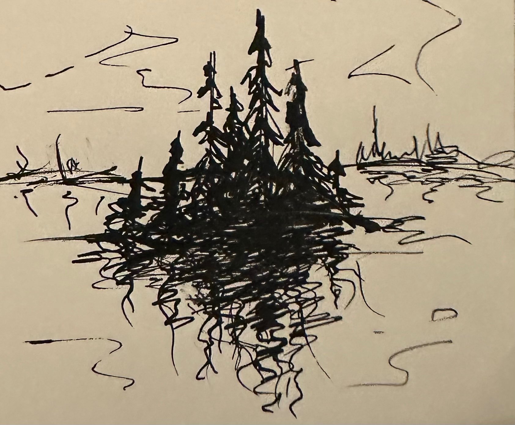a drawing of a tree in the water