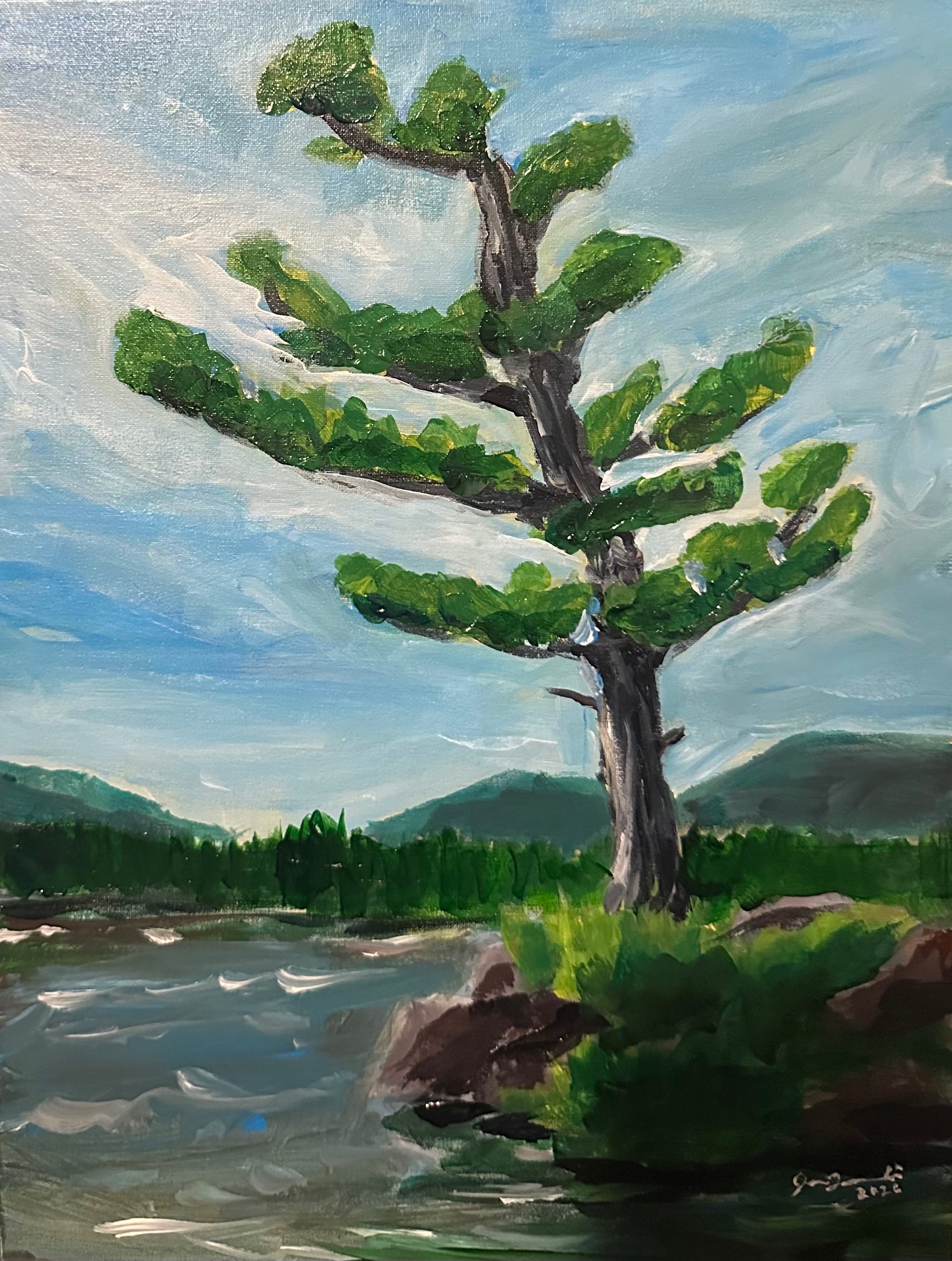 a painting of a pine tree on the shore of a lake