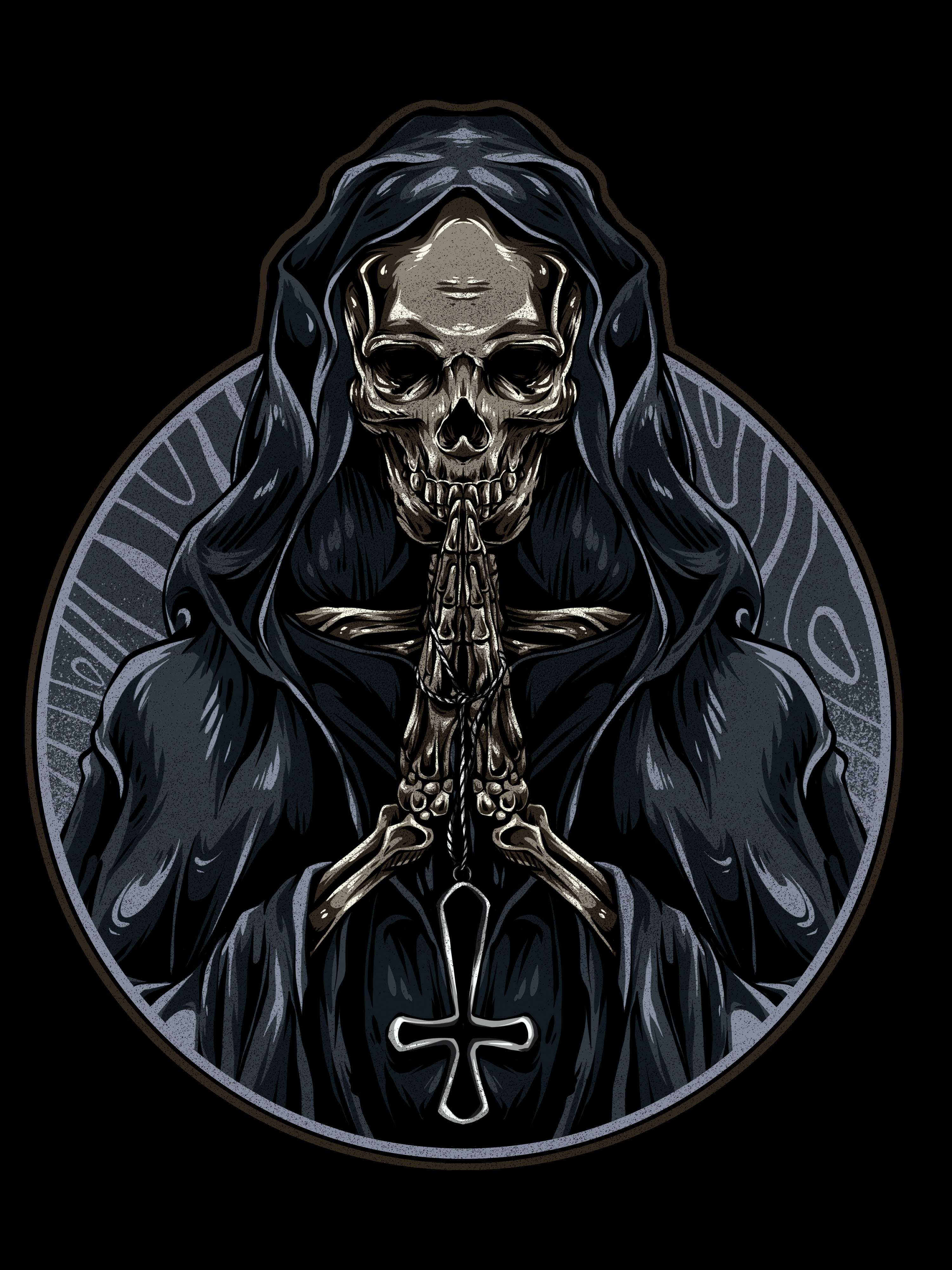 a grim reaper with a cross in his hands