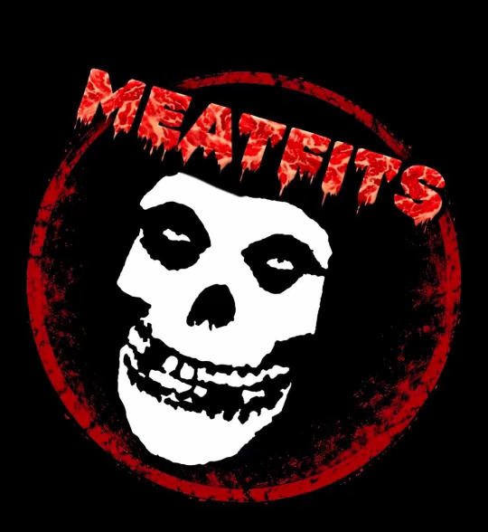 a skull with the words meatfits on it