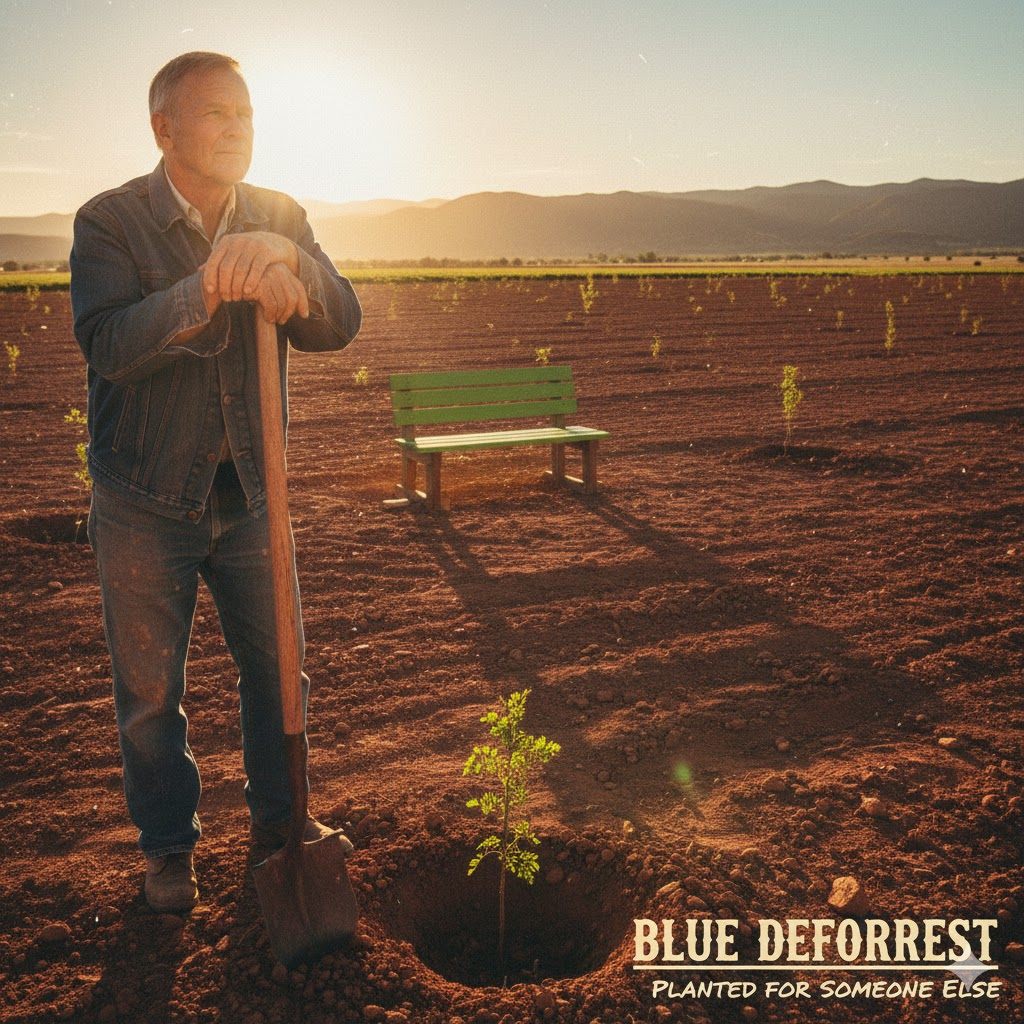 a man with a shovel is planting a tree in a field