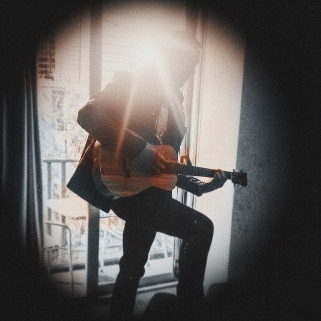 a silhouette of a man playing an acoustic guitar in front of a window