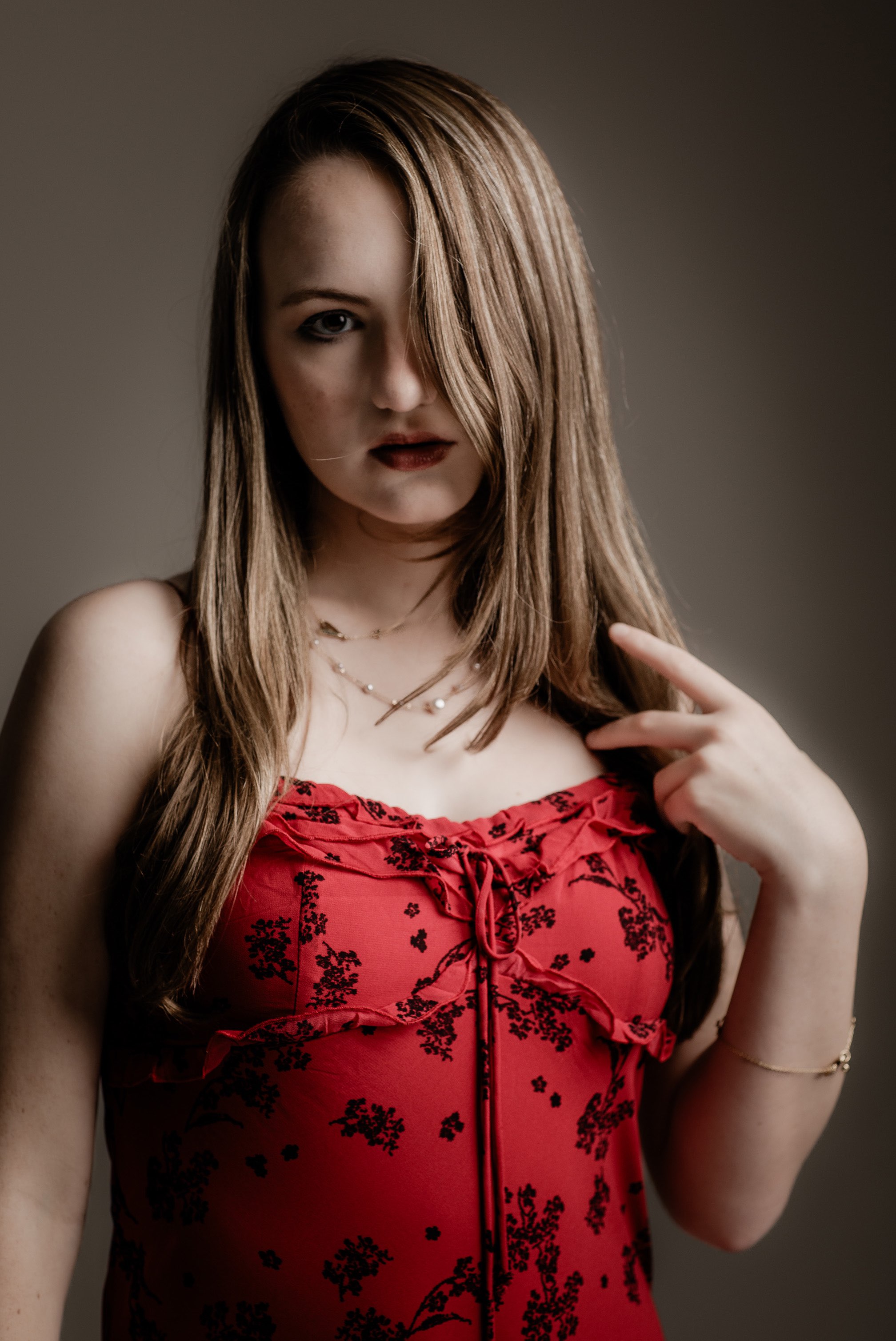 a woman in a red dress