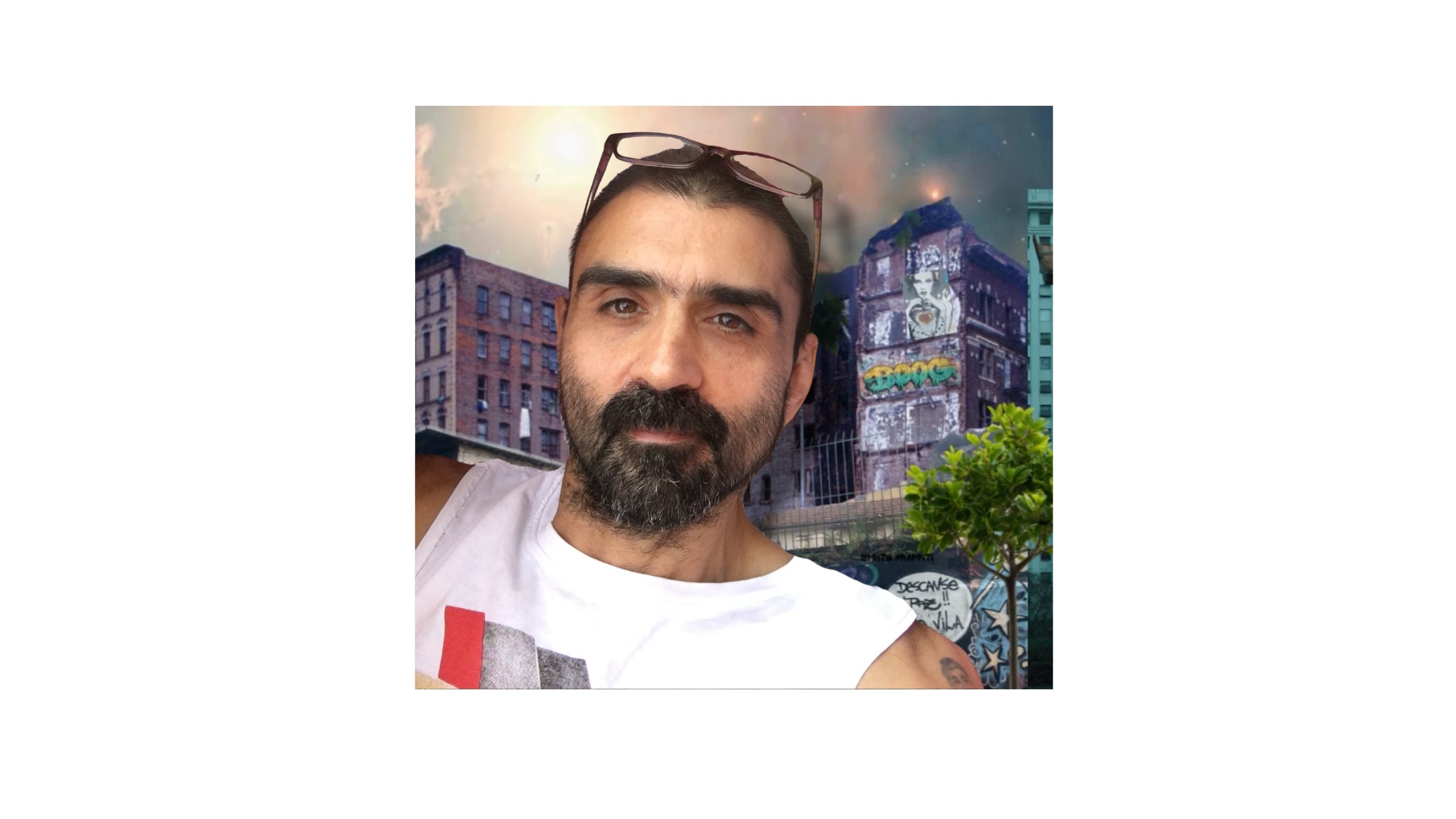 a man with a beard is standing in front of a city