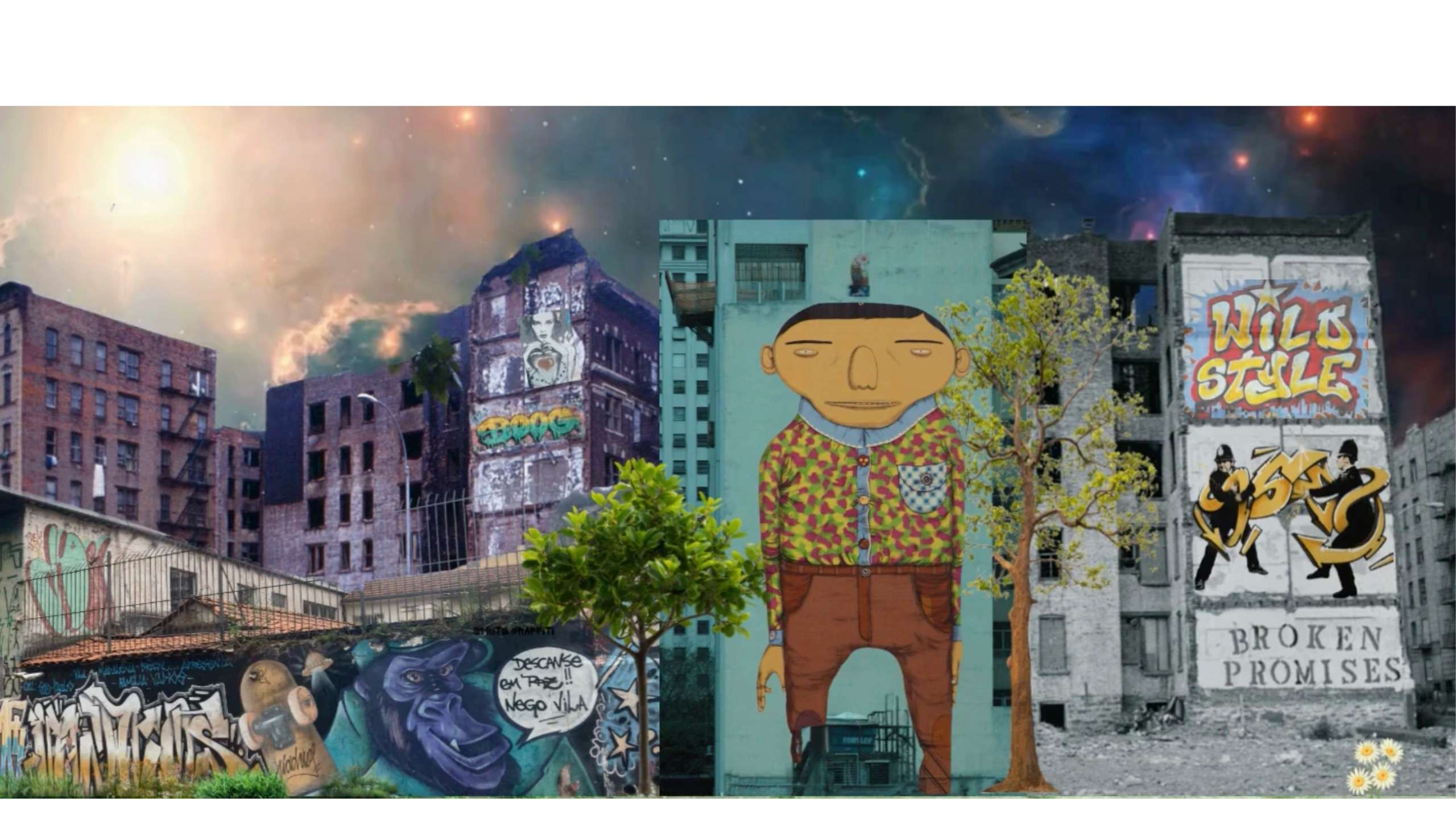 a painting of a man with graffiti on the side of a building