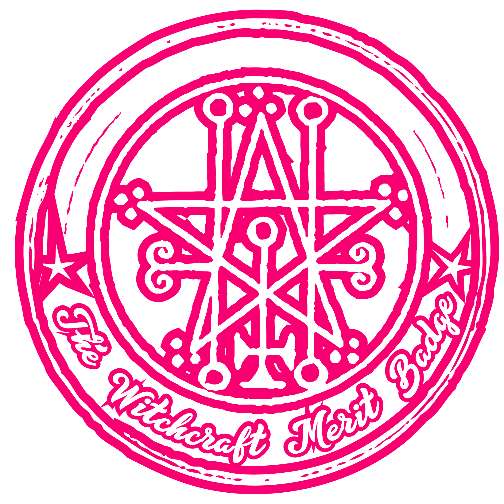 the witchcraft guild logo in pink and black