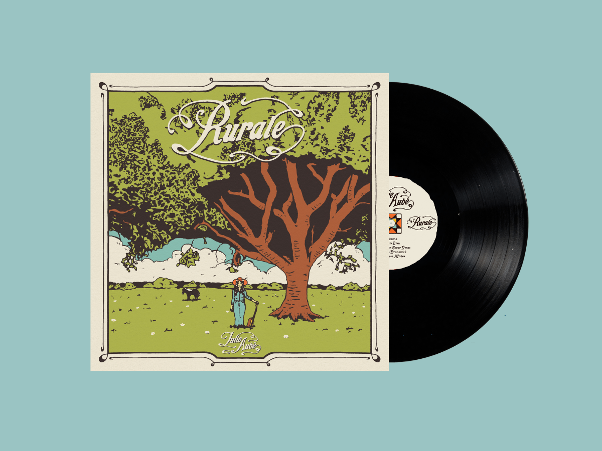 a black lp with an illustration of a tree