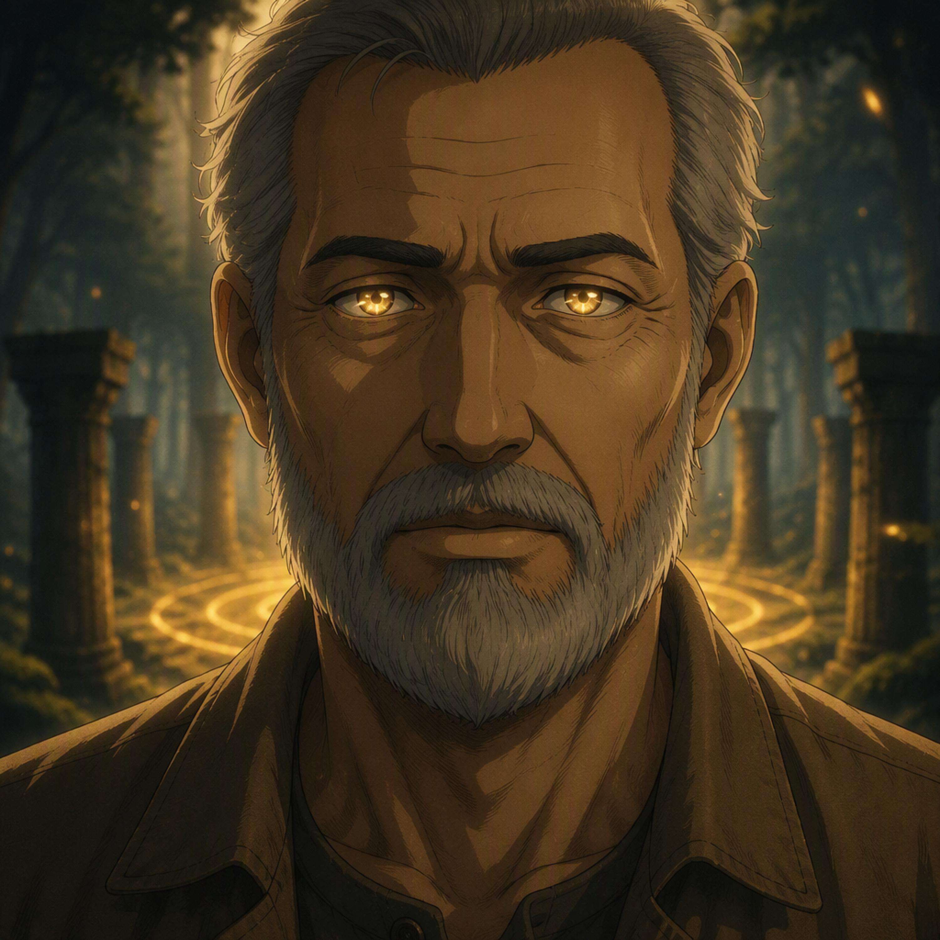 AndyBob Music - ECHO RISING | S01E04 | What It Remembers | Anime Dark Electro: a man with a beard and yellow eyes in a forest