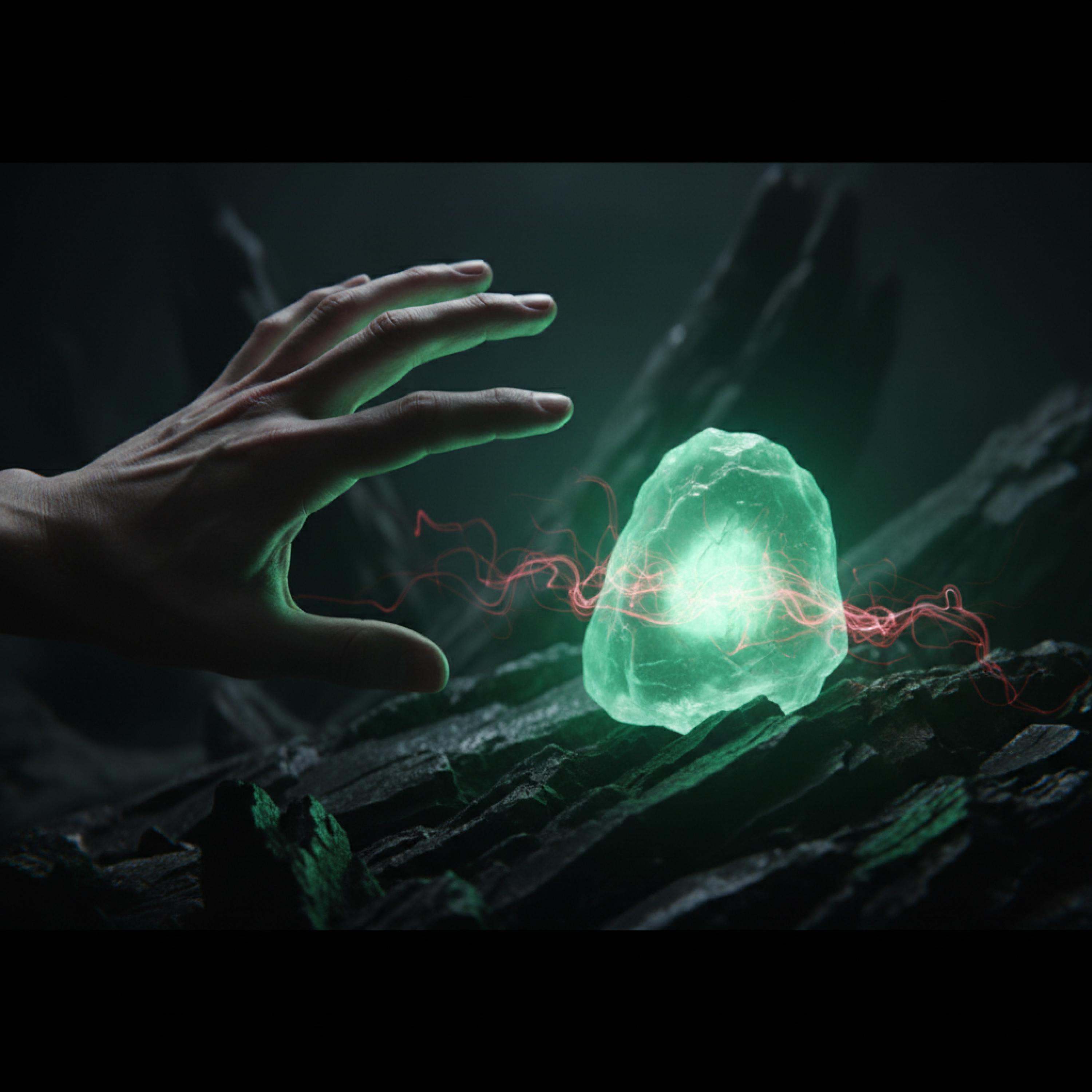 AndyBob Music - ECHO RISING | S01E03 | First Words | Anime Dark Electro: a hand reaching out to a green glowing rock
