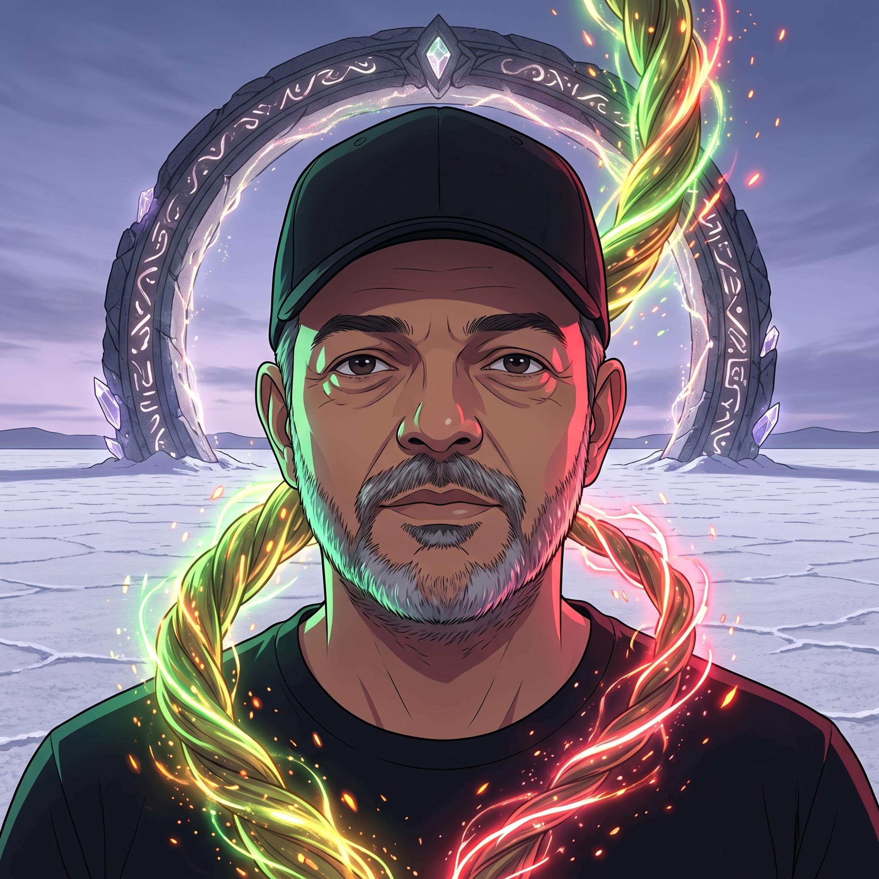AndyBob Music - ECHO RISING | S01E07 | The Source Beneath | Anime Dark Electro: a man in a hat with a neon necklace in front of him