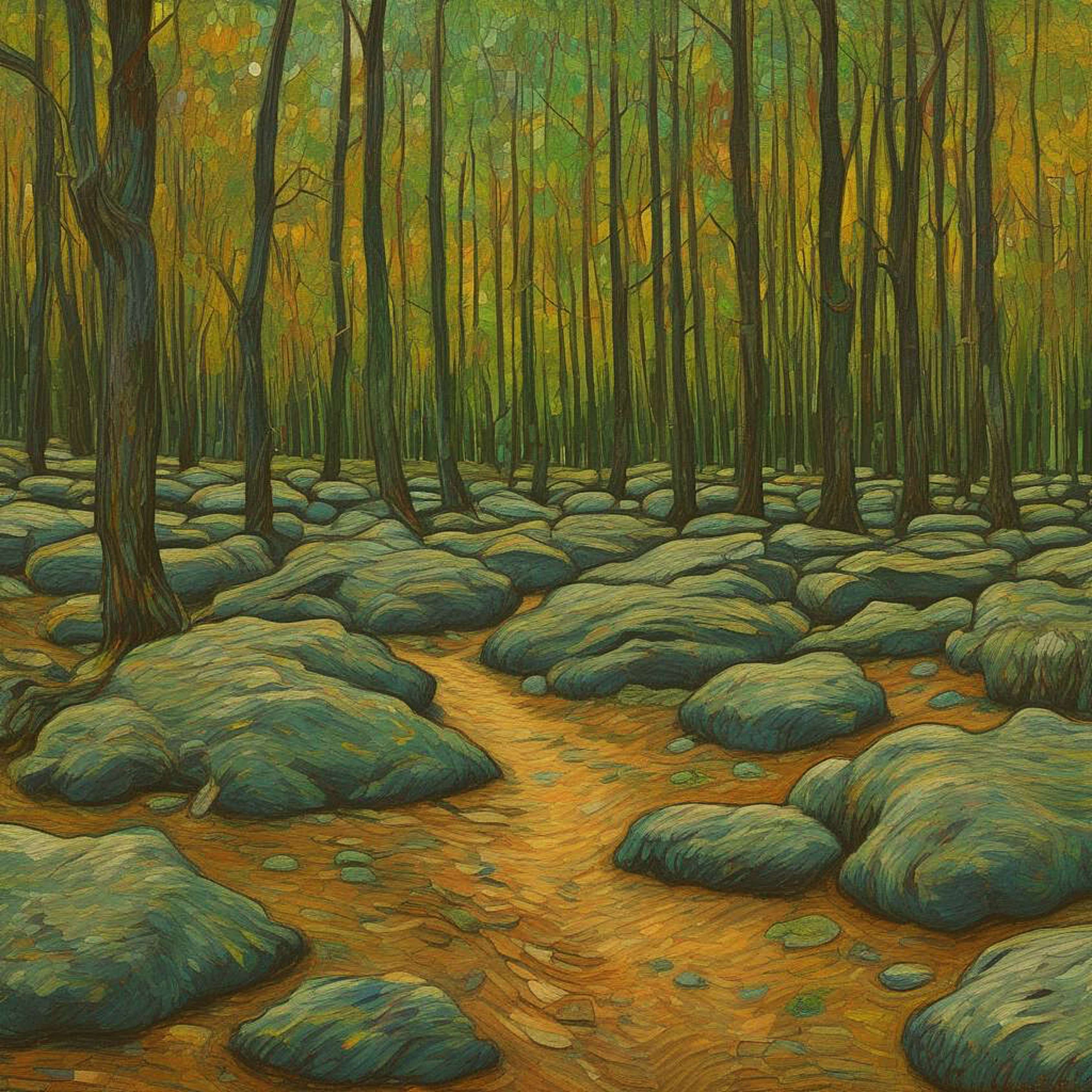 Santileo - Alquimia y Luz: a painting of a forest with rocks and trees