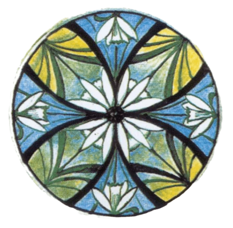 a blue and yellow tile with a flower design on it