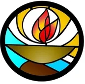 a stained glass image of a candle in a circle