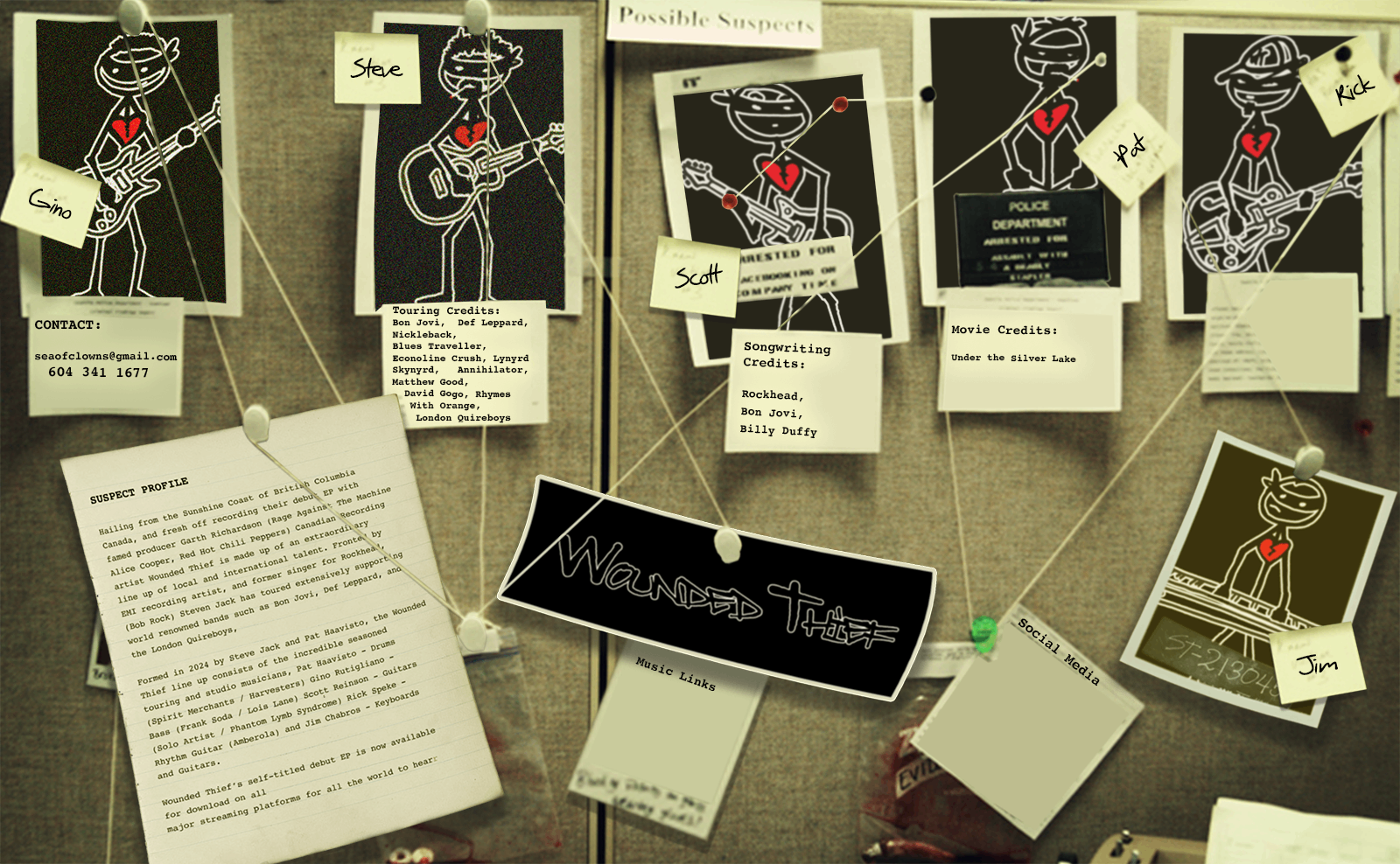 a picture of a man with a guitar hanging on a bulletin board