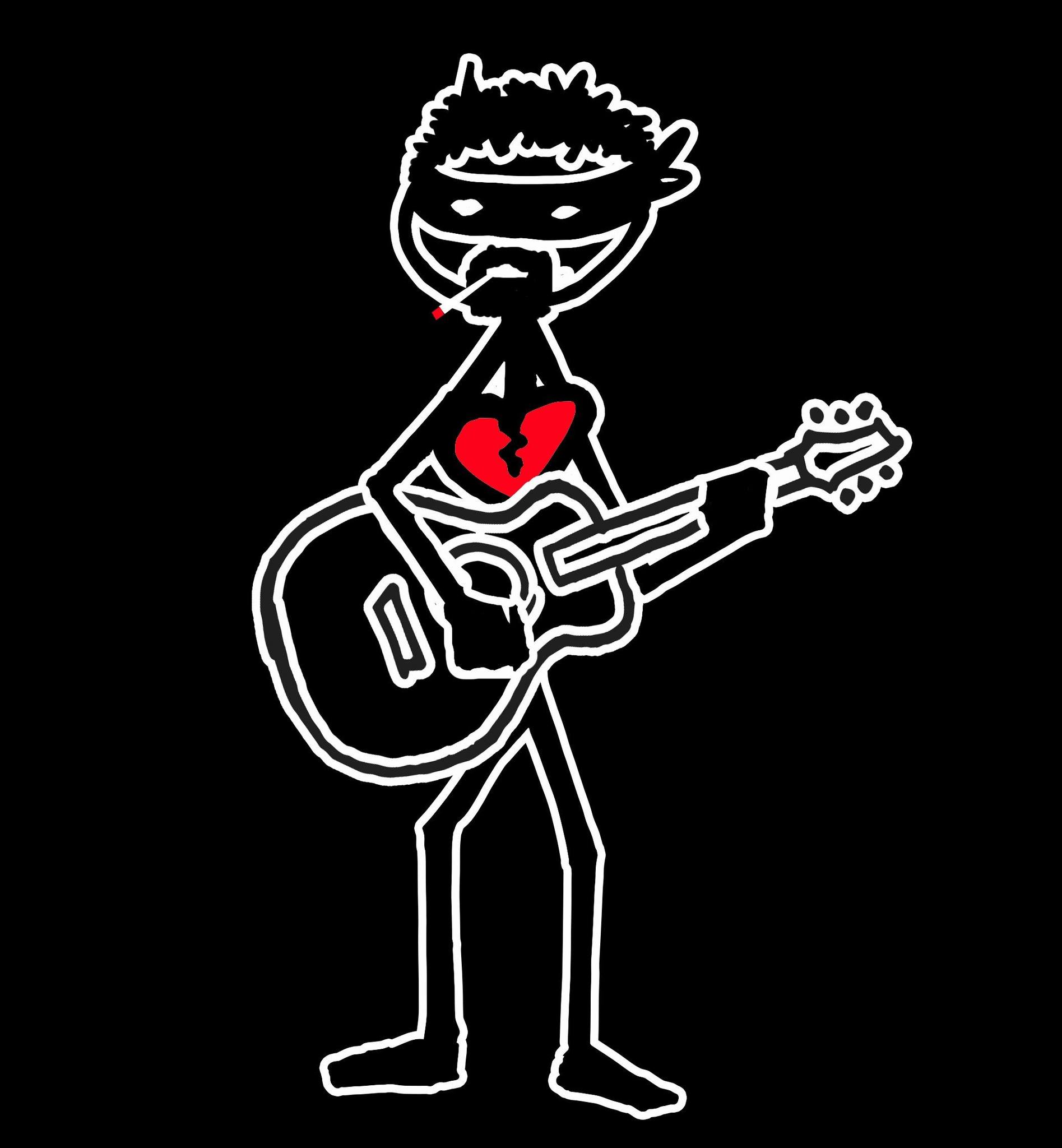 a stick figure playing an acoustic guitar on a black background