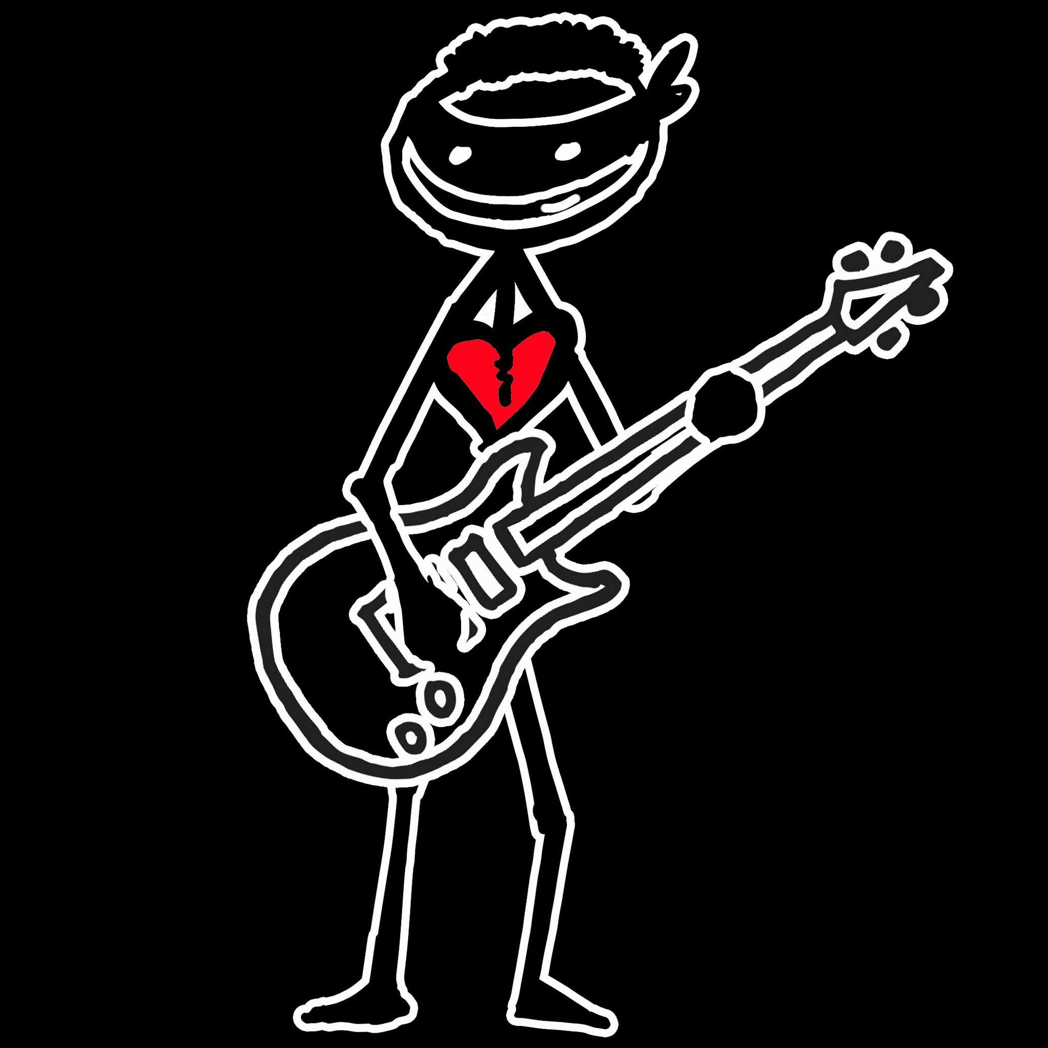 a stick figure playing a guitar with a broken heart
