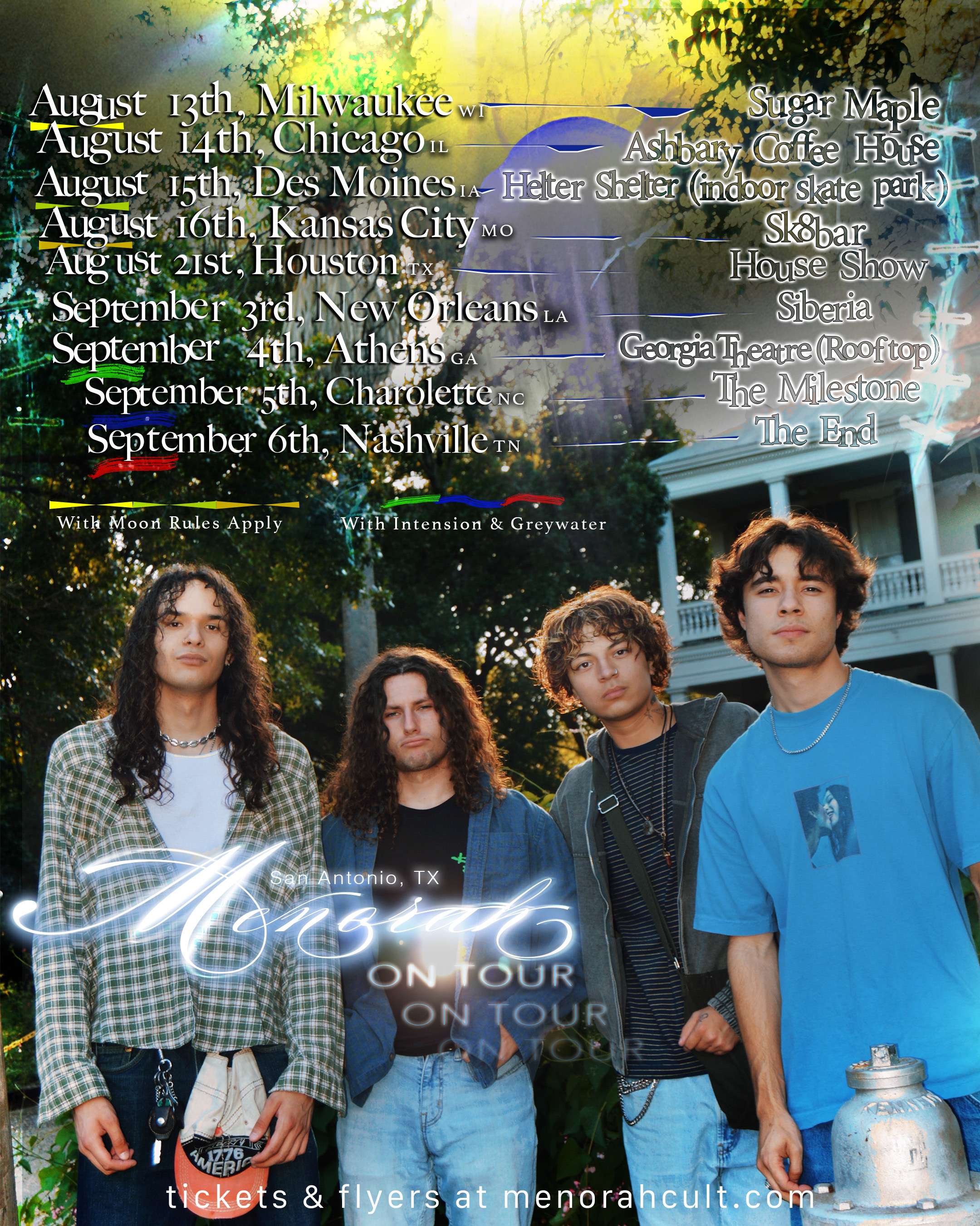 a poster with a group of people standing in front of a tree