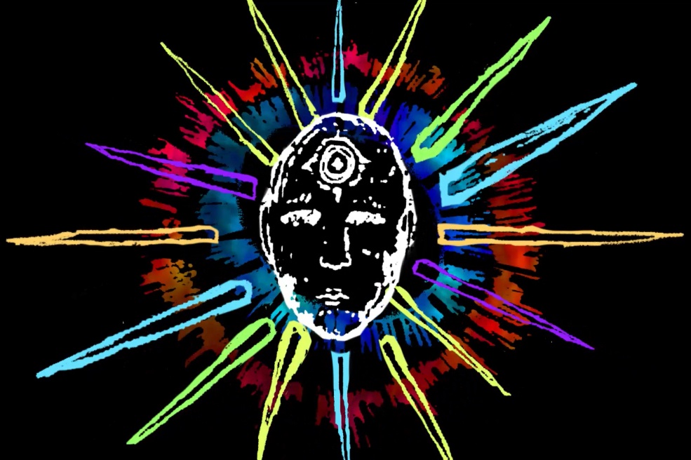 a colorful drawing of a face with rays of light