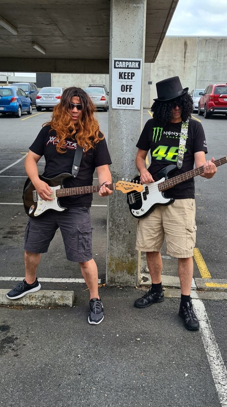 two men playing guitars in a parking lot