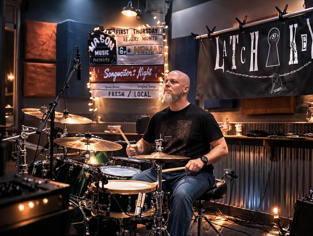 a man playing drums in a recording studio