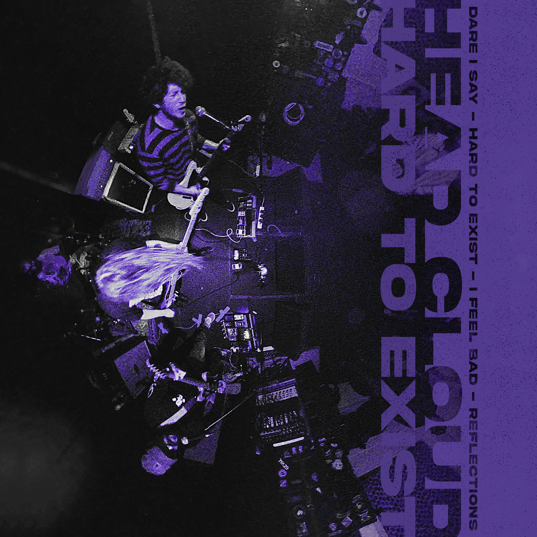 the cover of a purple album with a group of people on stage