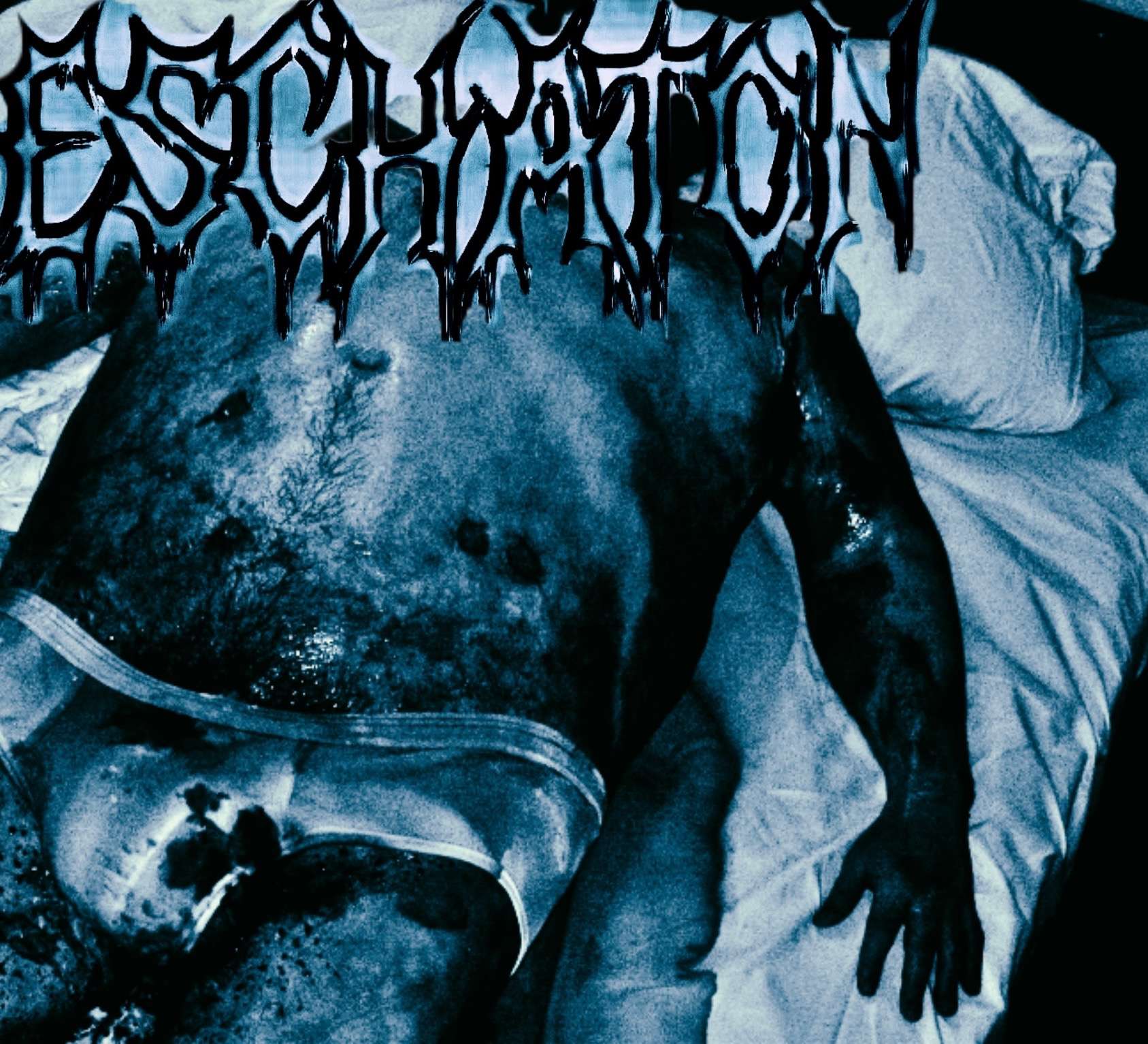 Eschaton Demo 2026: an image of a man laying on a bed with the words desecration