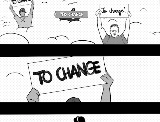 a cartoon of people holding up signs that say to change