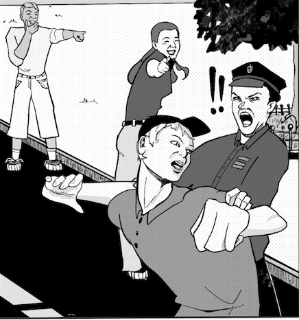 a black and white cartoon of a man and a police officer