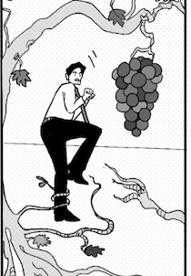 a cartoon of a man holding a bunch of grapes