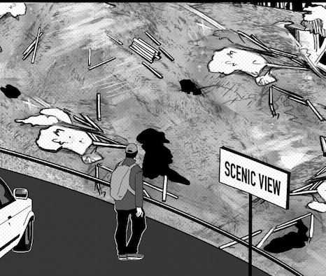 a black and white illustration of a man walking down a road