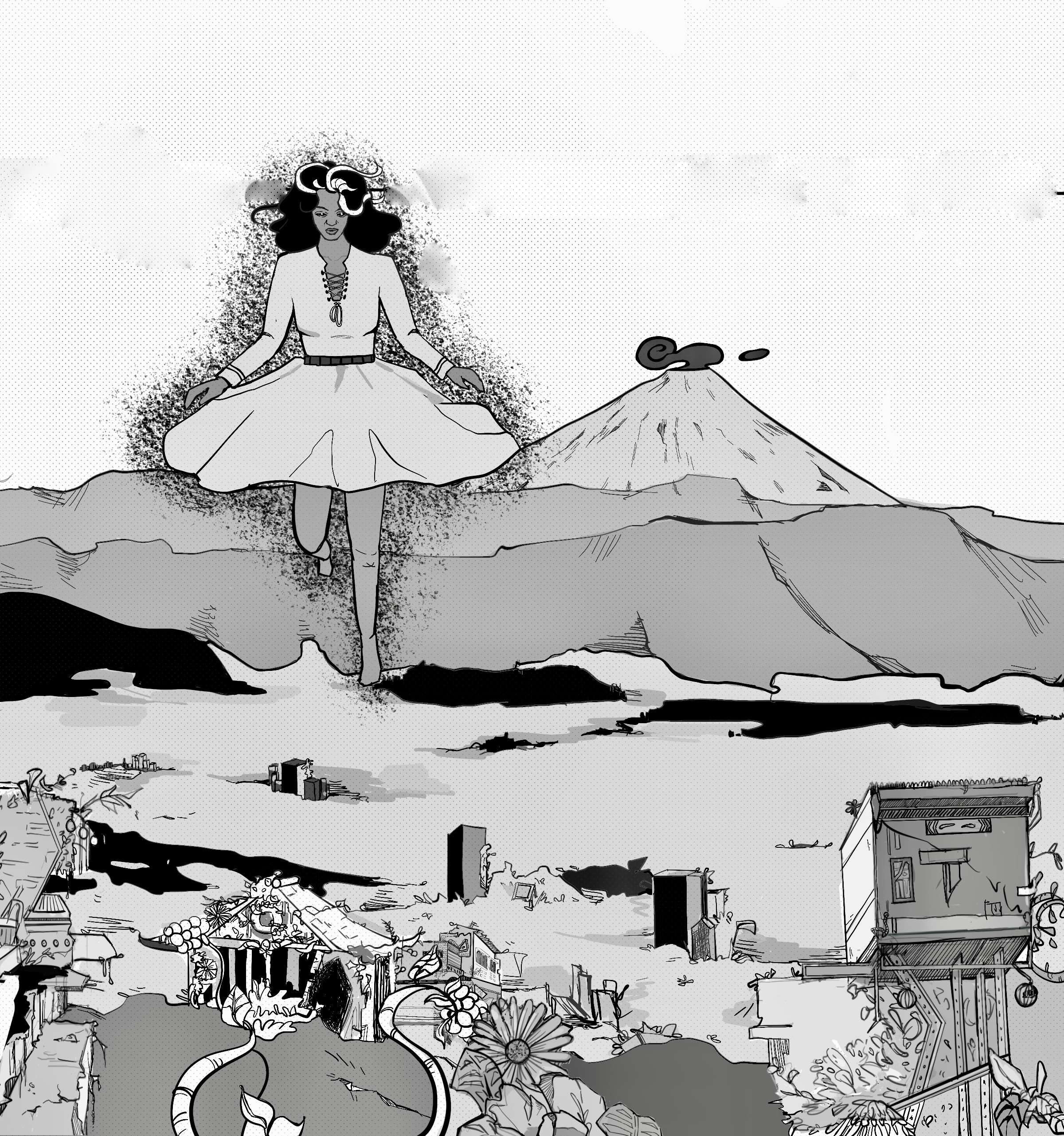 a black and white drawing of a woman in a dress