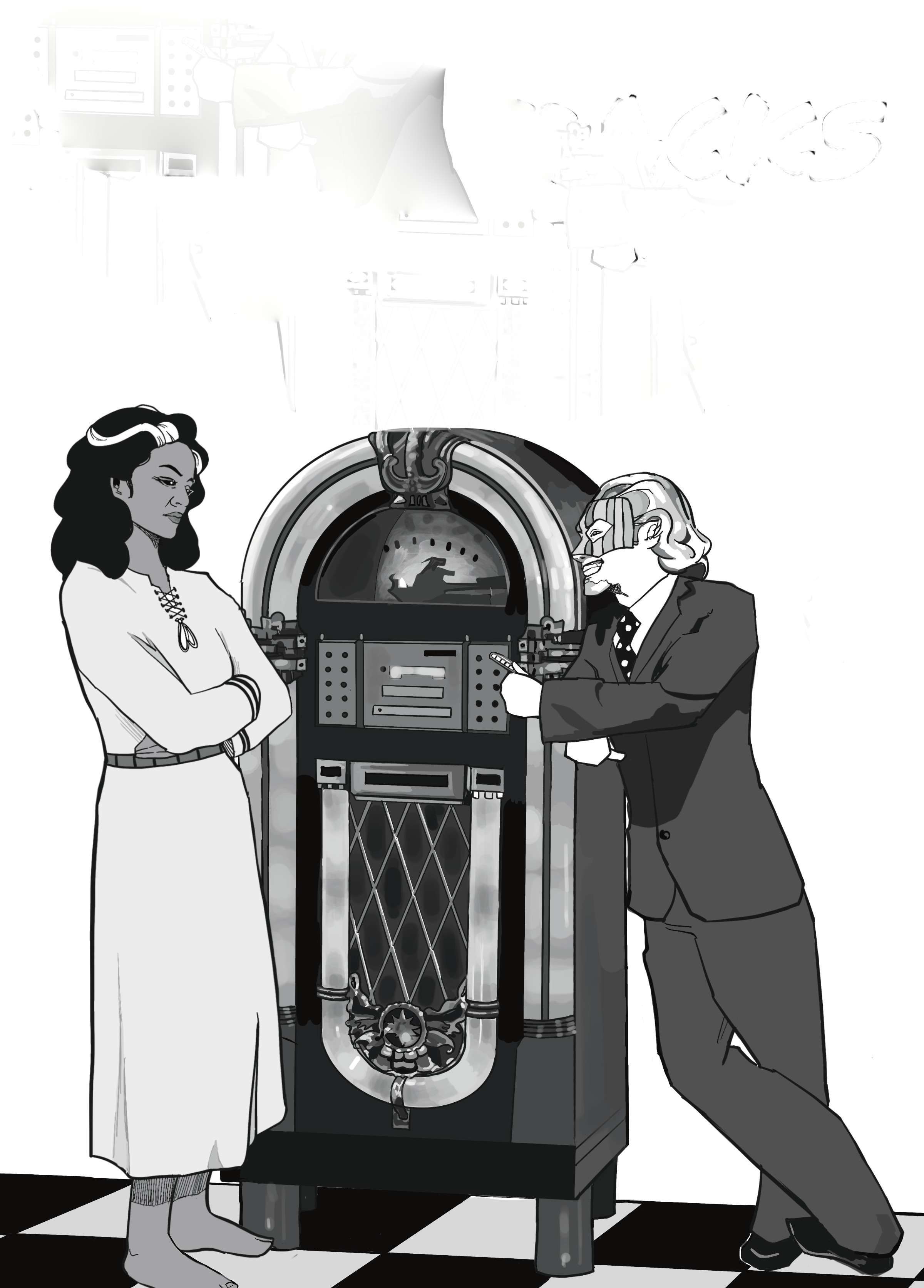 a man and woman standing next to a jukebox