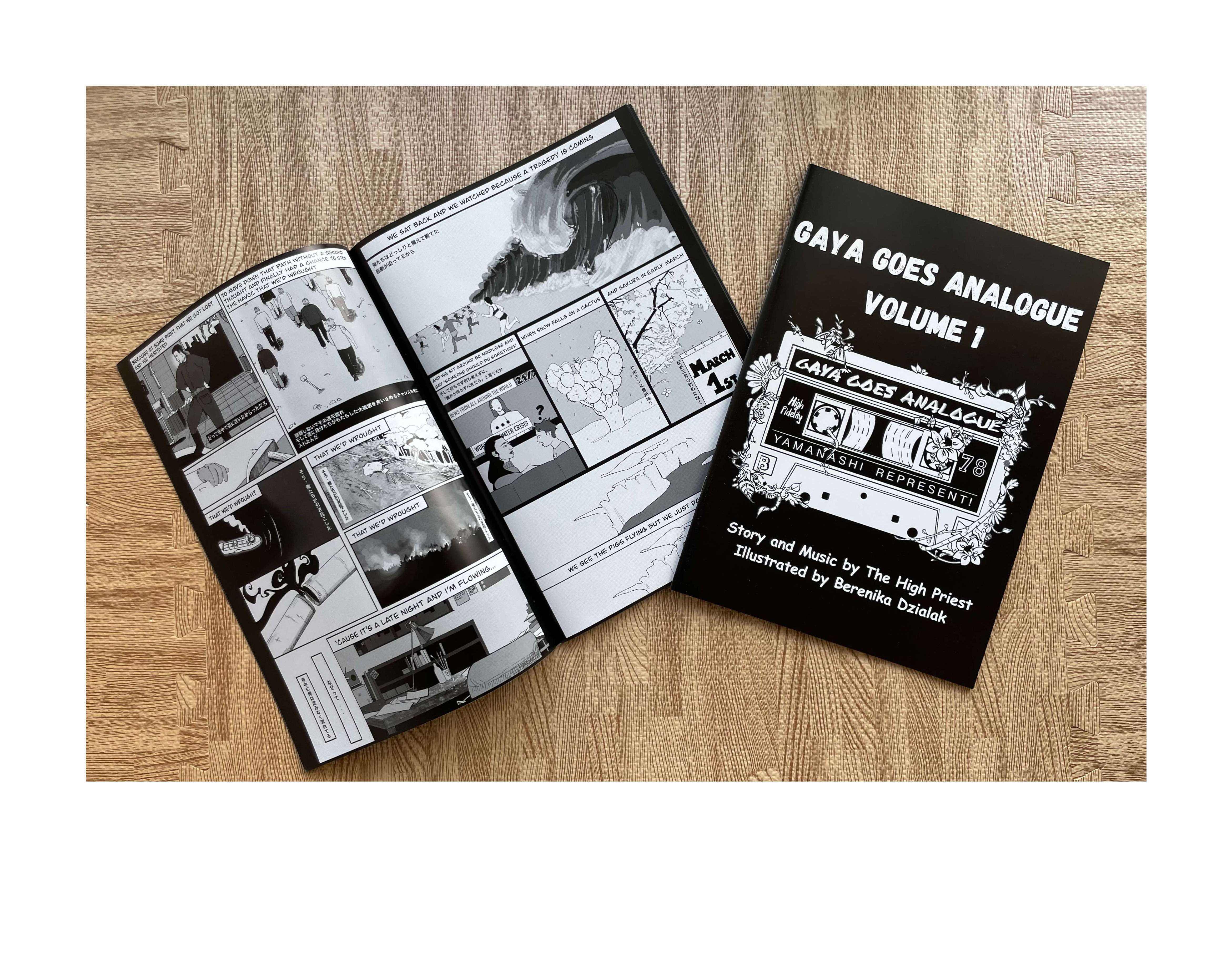 a book with a black and white cover on a wooden floor
