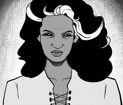 a black and white drawing of a woman with long hair