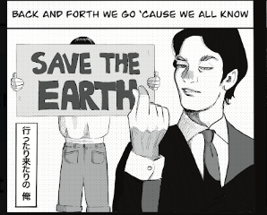 a man holding a sign that says save the earth